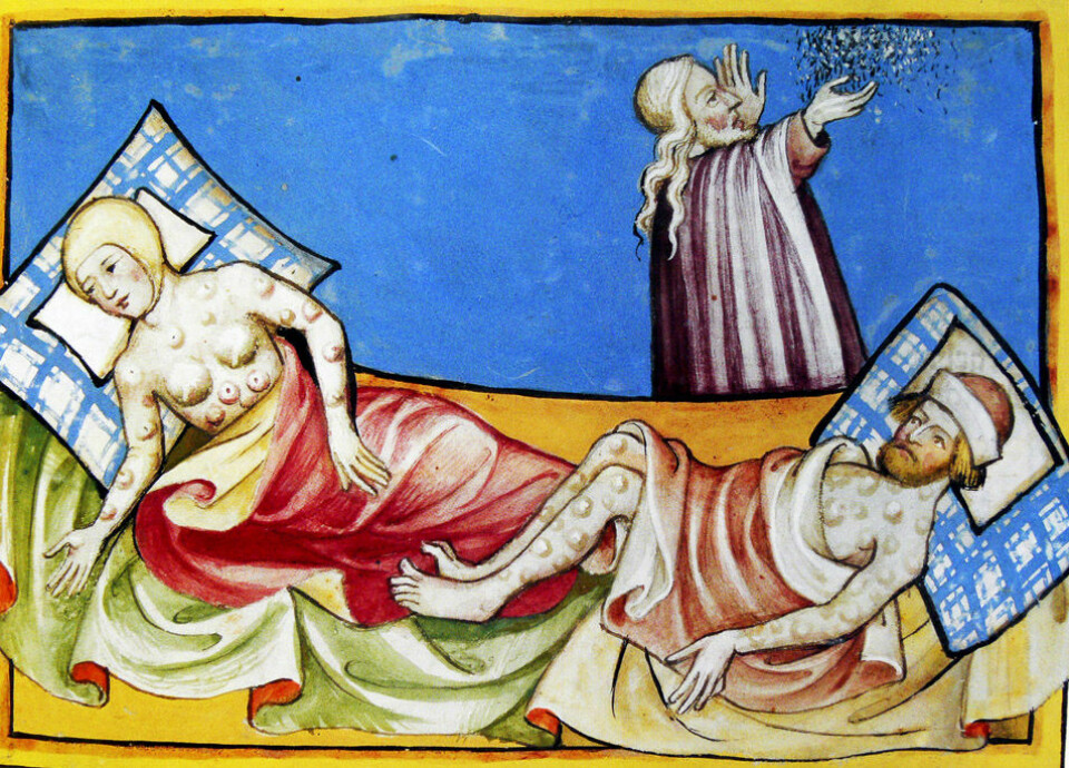 Havnet du på sykehus i middelalderen, havnet du gjerne i seng med andre syke. Da var det bare å krysse fingrene for at ingen hadde en smittsom sykdom som tuberkulose, kopper eller byllepest. (Foto: (Illustrasjon: Toggenburg-bibelen fra 1411))