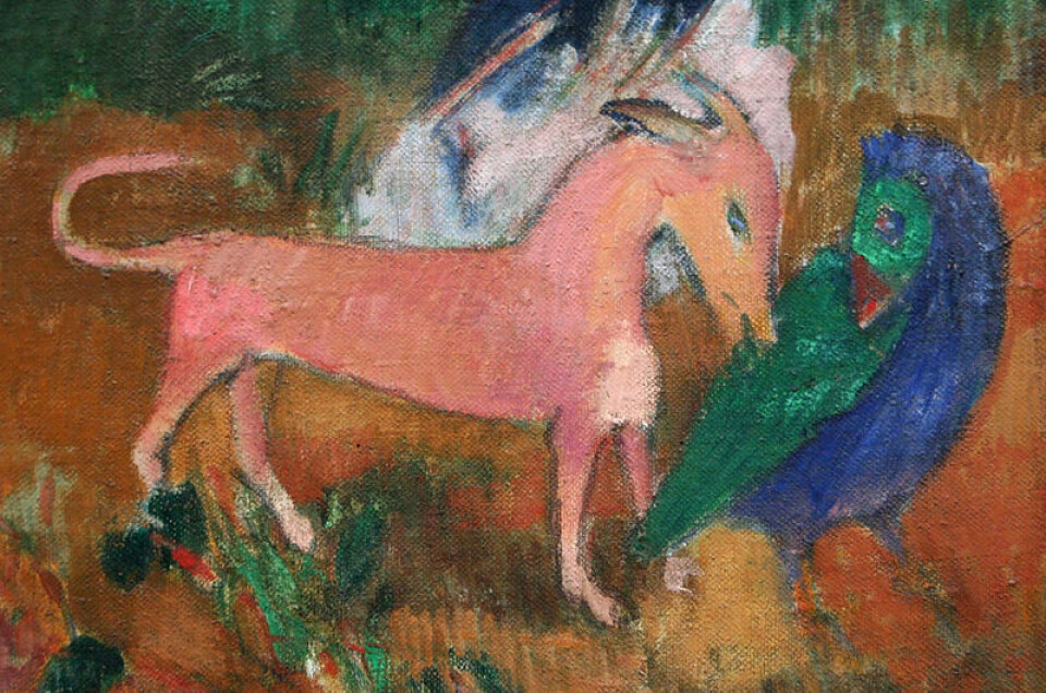 Masseutryddelsen av stillehavsfuglene er lagt merke til verden over. Slik så kunstneren Paul Gauguin for seg at en purpurhøne fra øya Hiva Oa møtte sin ende etter at vi tok med hunder til øya. (Foto: (Bilde: Wikimedia Creative Commons))