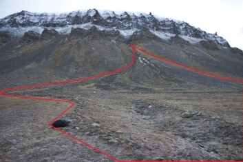 Et jordskred er uforutsigbart, og kan spre seg bredt utover fra et lite startpunkt. Den røde streken viser hvor bredt dette skredet, på Svalbard, ble da det først satte i gang. (Foto: NGU) Et jordskred er uforutsigbart, og kan spre seg bredt utover fra et lite startpunkt. Den røde streken viser hvor bredt dette skredet, på Svalbard, ble da det først satte i gang. (Foto: NGU)