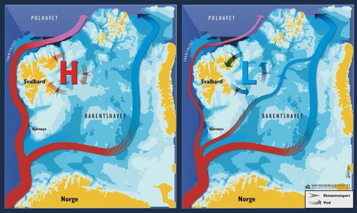 Generelt innstrømningsmønster av Atlanterhavsvann til Polhavet. Innfelt: Endret sirkulasjonsmønster under hendelser med lavtrykk over det nordlige Barentshavet. Generelt innstrømningsmønster av Atlanterhavsvann til Polhavet. Innfelt: Endret sirkulasjonsmønster under hendelser med lavtrykk over det nordlige Barentshavet.