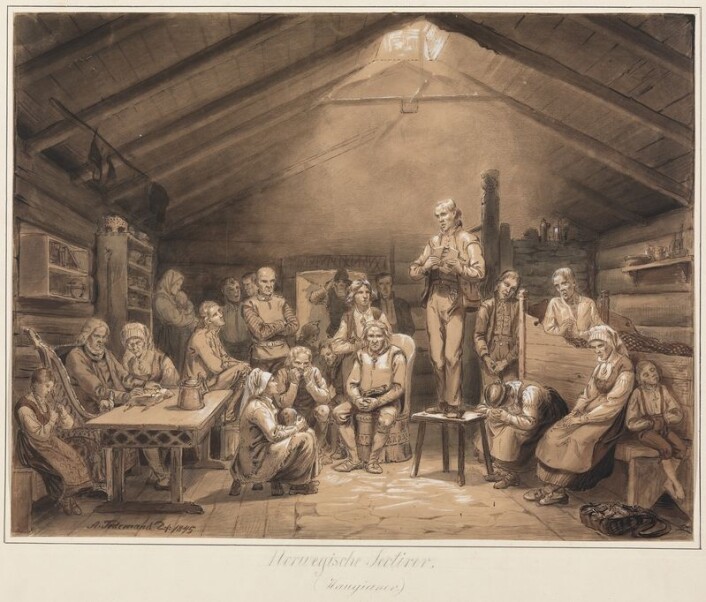 Haugianarane hadde lett for å gli inn i det amerikanske religiøse livet. Her frå Adolph Tidemands motiv «Haugianerne». (Foto: (Bilde: Adolph Tidemand)) Haugianarane hadde lett for å gli inn i det amerikanske religiøse livet. Her frå Adolph Tidemands motiv «Haugianerne». (Foto: (Bilde: Adolph Tidemand))