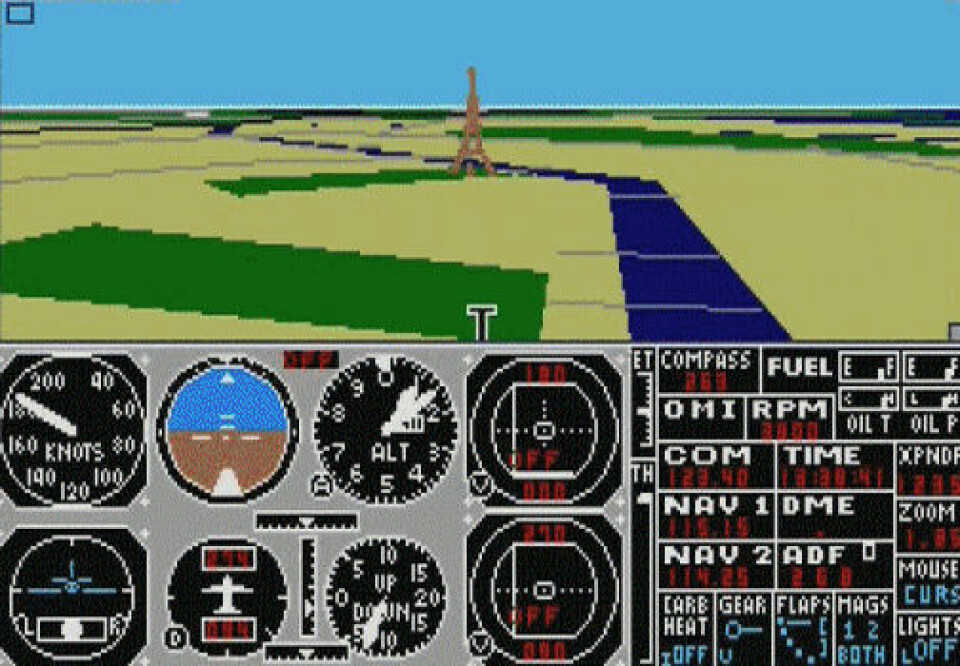 'Slik så Microsoft Flight Simulator ut på åttitallet, da virtuell virkelighet først ble lansert i spillehaller.'