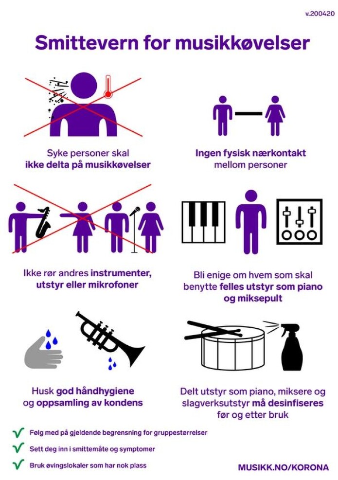 Norsk musikkråd har utviklet en veileder for smittevern for musikkøvelser. Norsk musikkråd har utviklet en veileder for smittevern for musikkøvelser.