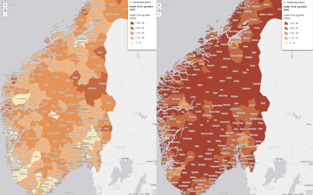 I mørkerøde kommuner er minst en firedel av innbyggerne over 70 år. Kartet til venstre viser år 2020 og kartet til høyre viser år 2050. I mørkerøde kommuner er minst en firedel av innbyggerne over 70 år. Kartet til venstre viser år 2020 og kartet til høyre viser år 2050.
