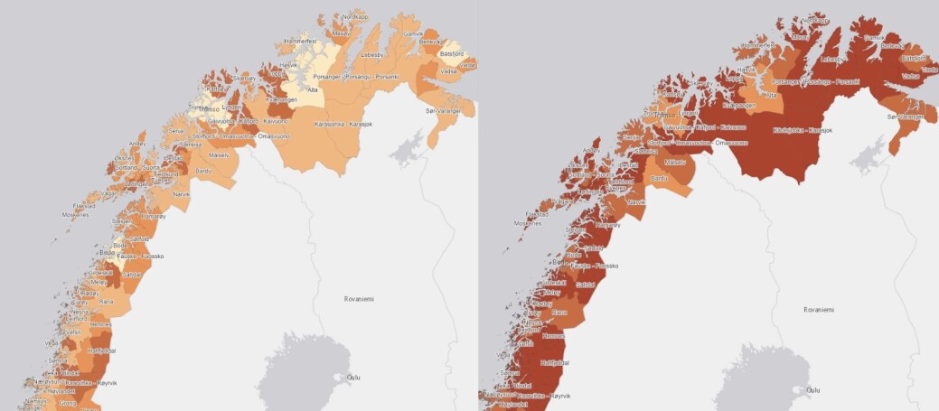 Slik aldres befolkningen i nordnorske kommuner. I mørkerøde kommuner er flere enn hver fjerde innbygger over 70 år. Til venstre i 2020 og til høyre i 2050. Slik aldres befolkningen i nordnorske kommuner. I mørkerøde kommuner er flere enn hver fjerde innbygger over 70 år. Til venstre i 2020 og til høyre i 2050.