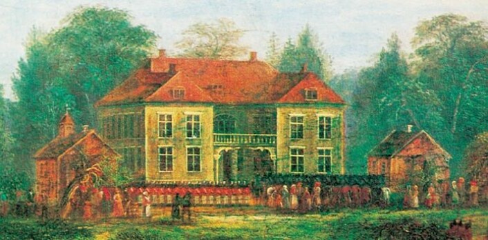 Eidsvollsbyningen på en gammel tegning. (Foto: (Bilde: Eidsvoll 1814)) Eidsvollsbyningen på en gammel tegning. (Foto: (Bilde: Eidsvoll 1814))