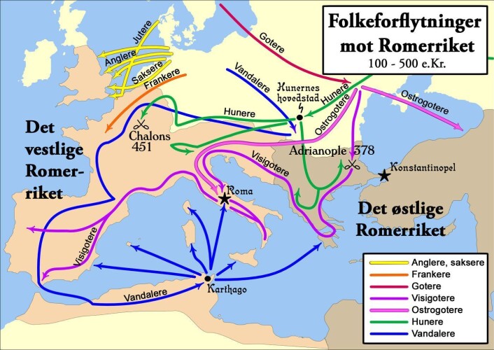 I folkevandringstida var det store omveltingar i Europa. (Foto: (Illustrasjon: Finn Bjørklid/Wikimedia commons)) I folkevandringstida var det store omveltingar i Europa. (Foto: (Illustrasjon: Finn Bjørklid/Wikimedia commons))
