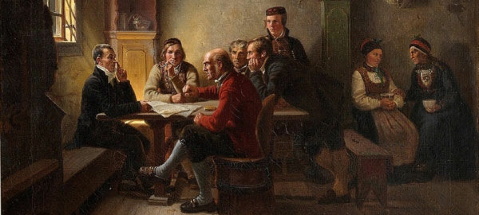 Våren 1814 ble bøndene i Norge gjort til politiske borgere med demokratiske rettigheter. Bildet 'Politiserende bønder' er fra 1848. (Maleri av Adolph Tidemand)