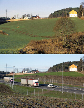 Nye veier vil ofte legge beslag på dyrket jord. Her fra utbyggingen av E18 i Askim, hvor bildene er tatt i 2003 og 2005. (Foto: Oskar Puschmann, Skog og landskap) Nye veier vil ofte legge beslag på dyrket jord. Her fra utbyggingen av E18 i Askim, hvor bildene er tatt i 2003 og 2005. (Foto: Oskar Puschmann, Skog og landskap)