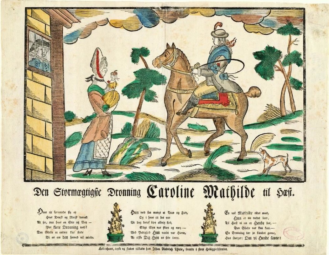 «Den Stormægtigste Dronning Caroline Mathilde til Hæst».
Satirisk kobberstikk av Johan Rudolph Thiele fra 1771, under trykkefrihetsperioden. Dronning Caroline Mathilde sitter over skrevs på hesten som en mann, mens Struensee titter ut av fangehullet på elskerinnen og barnet. «Den Stormægtigste Dronning Caroline Mathilde til Hæst».
Satirisk kobberstikk av Johan Rudolph Thiele fra 1771, under trykkefrihetsperioden. Dronning Caroline Mathilde sitter over skrevs på hesten som en mann, mens Struensee titter ut av fangehullet på elskerinnen og barnet.
