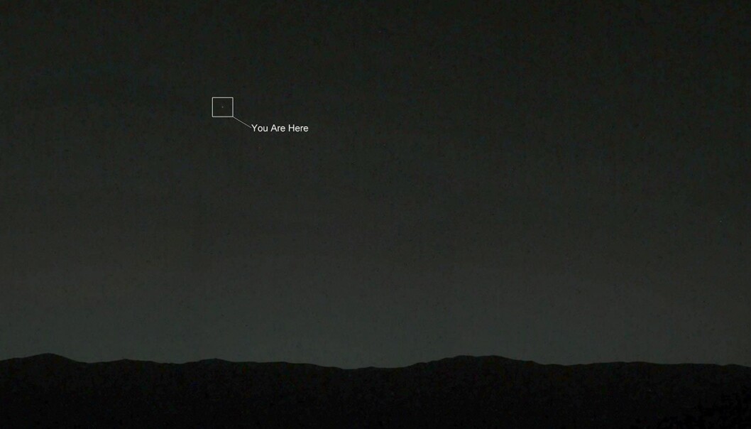 Aftenstjernen Jorda sett fra skumringen på Mars, fotografert fra det ubemannede kjøretøyet Curiosity 26.1.2008. Aftenstjernen Jorda sett fra skumringen på Mars, fotografert fra det ubemannede kjøretøyet Curiosity 26.1.2008.