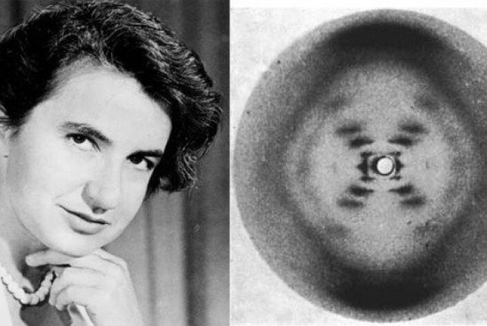 Rosalind Franklin og det berømte røntgenbiletet 'Nr. 51' som er eit sterkt bevis for DNAs spiralstruktur. (Foto: Wikimedia Commons/montasje NRK) Rosalind Franklin og det berømte røntgenbiletet 'Nr. 51' som er eit sterkt bevis for DNAs spiralstruktur. (Foto: Wikimedia Commons/montasje NRK)