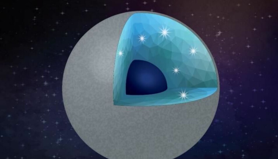 En illustrasjon av en tenkt diamantplanet. Den har en overflate av silikat, og diamanter og silisiumdioksid i det indre.