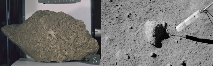 Steinen Great Scott ble samlet inn av Apollo 15 i 1971, og er den nest største månesteinen samlet inn. Til høyre kan du se den før den ble røsket opp av månestøvet og tatt med hjem. Steinen Great Scott ble samlet inn av Apollo 15 i 1971, og er den nest største månesteinen samlet inn. Til høyre kan du se den før den ble røsket opp av månestøvet og tatt med hjem.