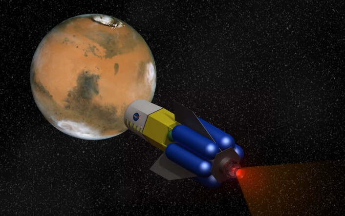 Rakettmotoren Fusion Driven Rocket utvikles av firmaet MSNW, med støtte fra NASA. Den kan korte ned reisetiden til Mars og andre kloder dramatisk, og bety en revolusjon for bemannede romferder. (Foto: (Illustrasjon: NASA/MSNW, bearbeidet av forskning.no)) Rakettmotoren Fusion Driven Rocket utvikles av firmaet MSNW, med støtte fra NASA. Den kan korte ned reisetiden til Mars og andre kloder dramatisk, og bety en revolusjon for bemannede romferder. (Foto: (Illustrasjon: NASA/MSNW, bearbeidet av forskning.no))
