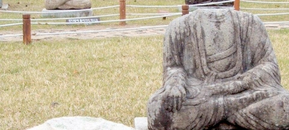 Statuer av Buddha som har fått hodene kappet av. Denne type plyndring er svært vanlig i deler av Asia. Hodene er lette å transportere, og populære samlerobjekter i Vesten. Flickr/buck82