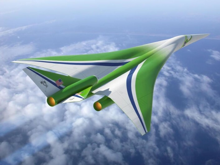 Denne framtidsstudien av et supersonisk passasjerfly ble for første gang vist i april 2010. Plasseringen av motorene under vingen skal redusere overlydssmellet. (Foto: (Illustrasjon: NASA/Locheed Martin Corporation)) Denne framtidsstudien av et supersonisk passasjerfly ble for første gang vist i april 2010. Plasseringen av motorene under vingen skal redusere overlydssmellet. (Foto: (Illustrasjon: NASA/Locheed Martin Corporation))