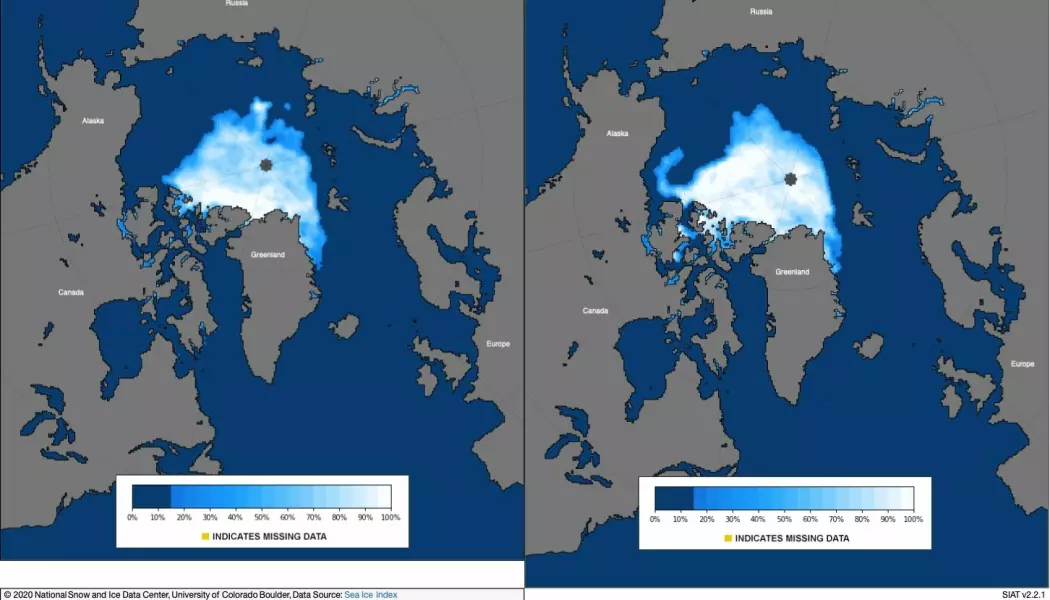 Bildet viser minimumsutbredelsen av is i rekordåret 2012 (venstre) og 2020, som er det nest laveste målt.