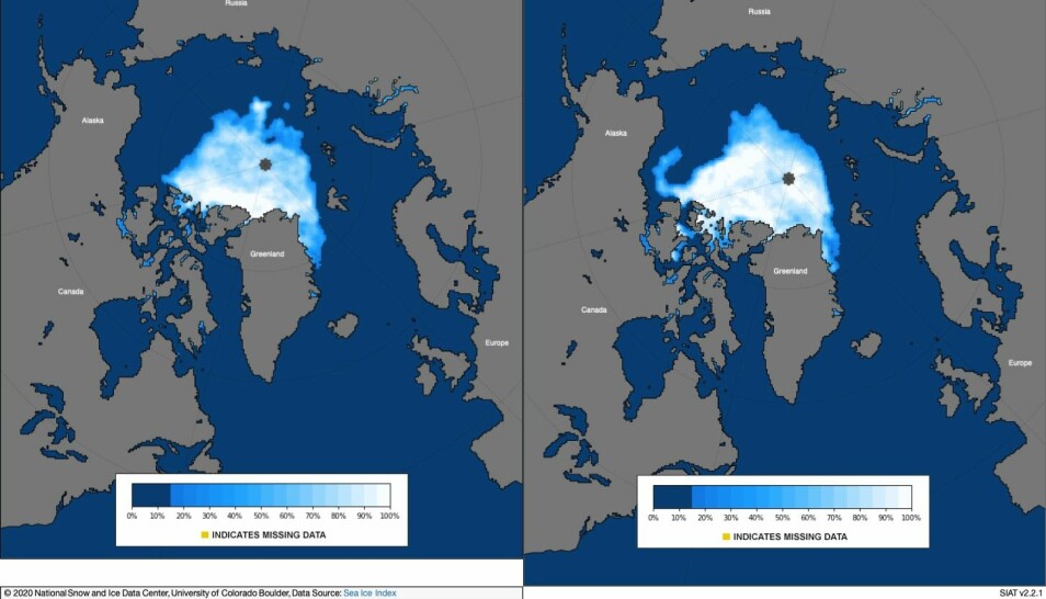 Bildet viser minimumsutbredelsen av is i rekordåret 2012 (venstre) og 2020, som er det nest laveste målt.