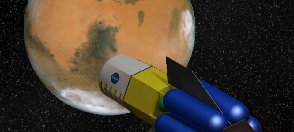 Fusion Driven Rocket, utviklet av firmaet MSNW med støtte fra NASAs framtidsavdeling NIAC. (Illustrasjon: NASA/MSNW, bearbeidet av forskning.no)
