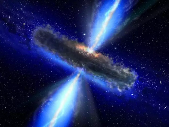 Slik kan man se for seg en kvasar som kan ligne den som inneholder vanndamp. (Foto: (Illustrasjon: NASA/ESA))