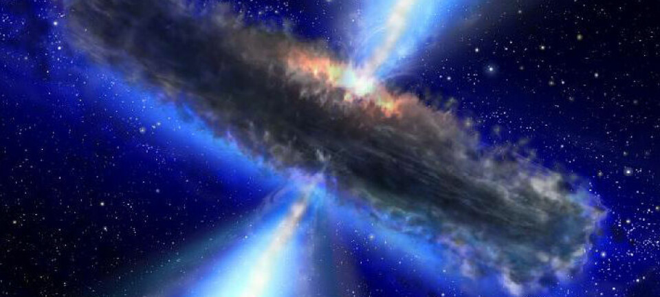 Slik kan man se for seg en kvasar som kan ligne den som inneholder vanndamp. (Illustrasjon: NASA/ESA)