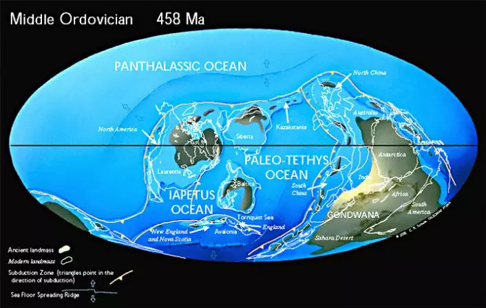 Kartet viser kontinentenes plassering i den geologiske perioden ordovicum, da katastrofen fant sted. (Foto: (Kart: Naturhistoriska Riksmuseet))