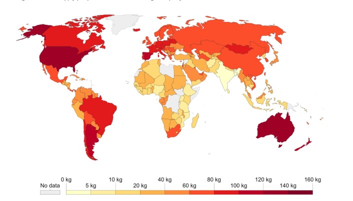 Average total meat supply per person measured in kilograms per year. Source: United Nations Food and Agricultural Organization (FAO). Average total meat supply per person measured in kilograms per year. Source: United Nations Food and Agricultural Organization (FAO).