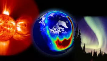 Når det stormer på sola blir det ekstra sterkt nordlys, som kan forstyrre satellittkommunikasjon og satellittnavigasjon. (Illustrasjon: NASA)
