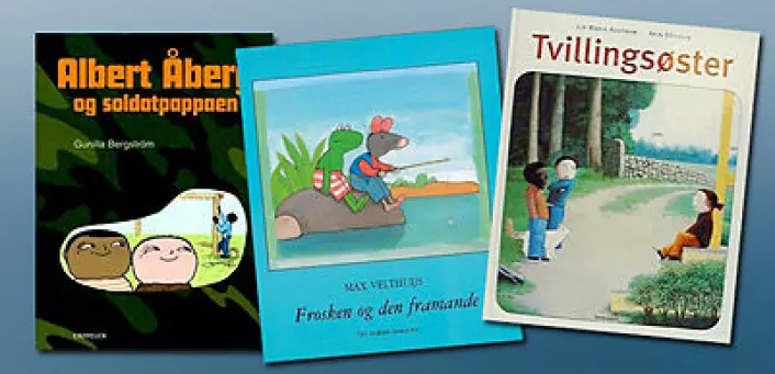 Skaret forsket på barns oppfatning og respons på disse tre bøkene: "Soldatpappaen", "Frosken og den framande" og "Tvillingsøster". (Ill.: Annica Thomsson)