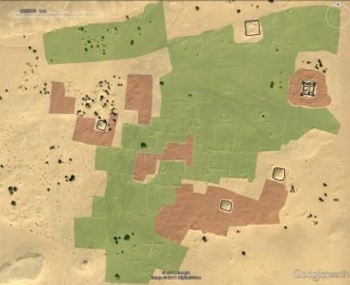 Illustrasjonen viser et satellittbilde av et ørkenområde i Libya. Arkeologene har tegnet inn befestede bygninger i sort, boligområder i rødt, og hager og dyrket mark i grønt. (Foto: (Illustrasjon: Google/DigitalGlobe)) Illustrasjonen viser et satellittbilde av et ørkenområde i Libya. Arkeologene har tegnet inn befestede bygninger i sort, boligområder i rødt, og hager og dyrket mark i grønt. (Foto: (Illustrasjon: Google/DigitalGlobe))