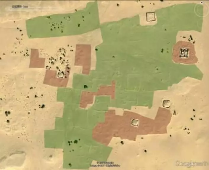 Illustrasjonen viser et satellittbilde av et ørkenområde i Libya. Arkeologene har tegnet inn befestede bygninger i sort, boligområder i rødt, og hager og dyrket mark i grønt. (Foto: (Illustrasjon: Google/DigitalGlobe))