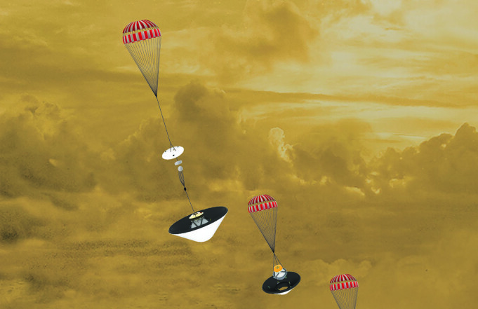 Slik kan Davinci-sonden se ut på vei i flere stadier ned i Venus-atmosfæren. Slik kan Davinci-sonden se ut på vei i flere stadier ned i Venus-atmosfæren.