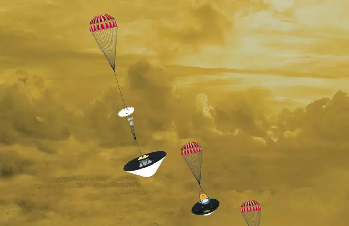Slik kan Davinci-sonden se ut på vei i flere stadier ned i Venus-atmosfæren.