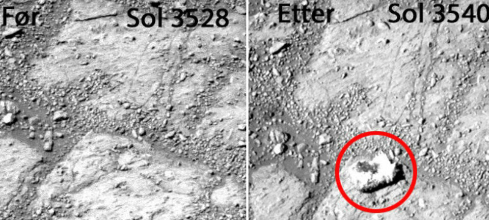 To bilete tatt med 12 Marsdagars mellomrom viser at det har dukka opp ein stein som ikkje var der tidlegare. Ein Mars-dag blir omtalt som Sol, og varer 24 timar og 39 minutt. NASA