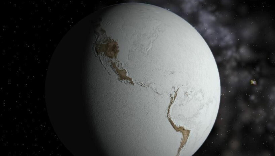 Geologiske spor tyder på at jorda har vært dekket av is til polene. Kontinentene var ikke på samme plass som vises på dette bildet.