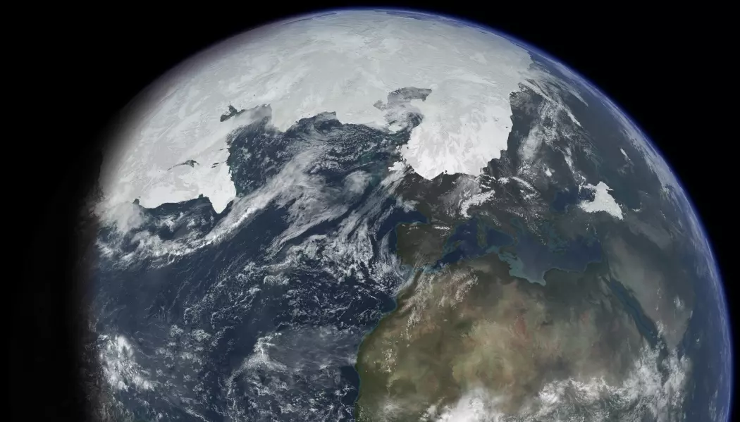 En framstilling av jorden under siste istids maksimum for 20 000 år siden. Mye av Nord-Europa lå under is.