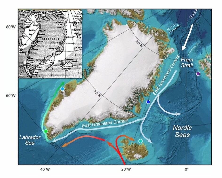Kartet viser havstraumen langs austkysten av Grønland, som også i dag fraktar store mengder sjøis ut frå Arktis. Dei farga prikkane på kartet viser kvar sedimentkjernene som ligg til grunn for dette studiet er henta frå.