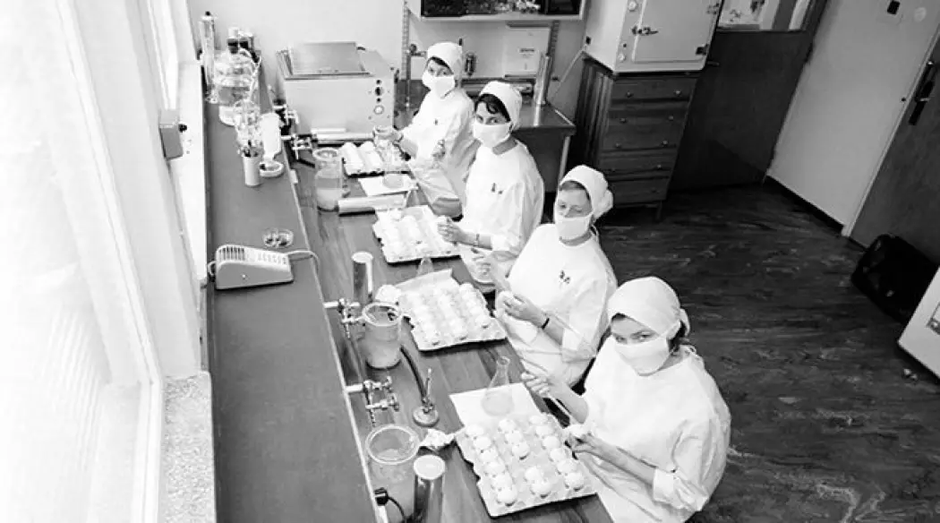 Folkehelseinstituttet kom på plass da staten ville øke kapasiteten til å utvikle vaksiner. Her er fire kvinner på FHIs influensalaboratorium i 1962.