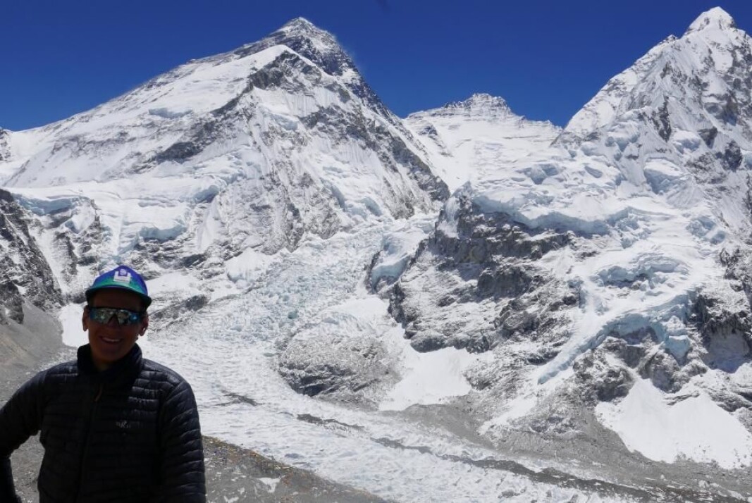 The Khumbu Icefall is constantly flowing fast. Here seen from the southern side, just above base camp, with the Norwegian climber Didrik Dukefoss in front. The Khumbu Icefall is constantly flowing fast. Here seen from the southern side, just above base camp, with the Norwegian climber Didrik Dukefoss in front.