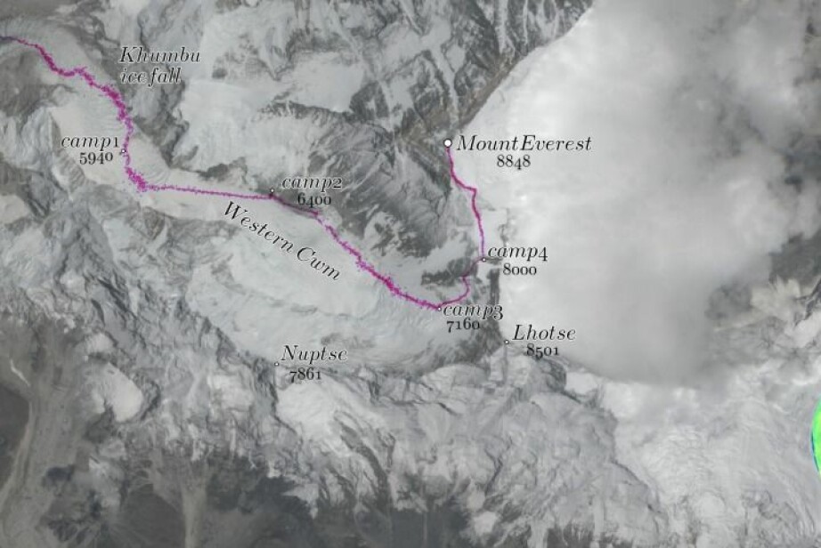 The Nepal route for climbing Mount Everest in the Himalayas.