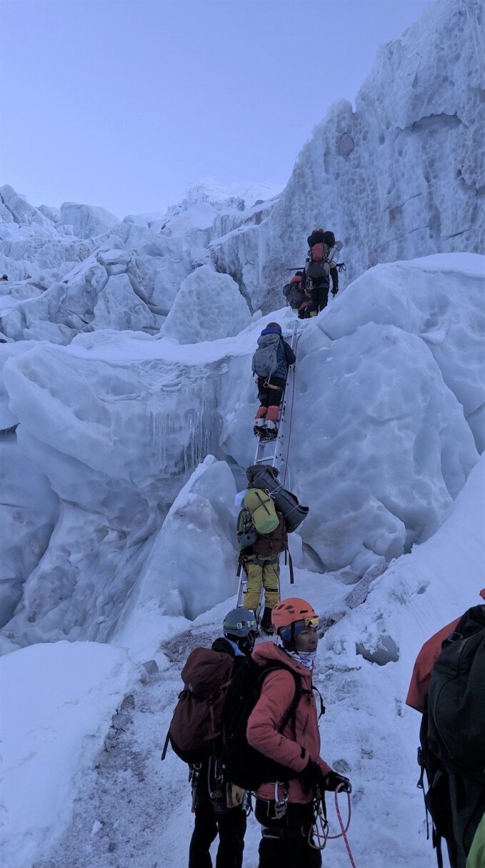 The climbing route through the Khumbu Icefall is compose of fixed ropes and ladders. The icefall is considered one of the most dangerous stages of the Nepal route to Mount Everest's summit. The climbing route through the Khumbu Icefall is compose of fixed ropes and ladders. The icefall is considered one of the most dangerous stages of the Nepal route to Mount Everest's summit.