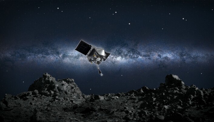 Slik ser NASA for seg at det kan se ut når sonden går ned for å ta en prøve. Sonden er på størrelse med en stor bil. Slik ser NASA for seg at det kan se ut når sonden går ned for å ta en prøve. Sonden er på størrelse med en stor bil.