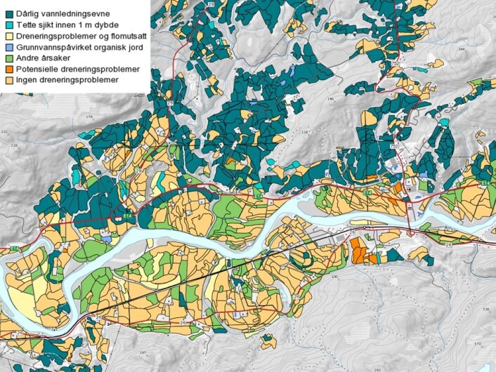Kartet "Årsak til dårlig drenering"beskriver ulike situasjoner som krever ulike løsninger når det gjelder dreneringstiltak. (Foto: Skog og landskap) Kartet "Årsak til dårlig drenering"beskriver ulike situasjoner som krever ulike løsninger når det gjelder dreneringstiltak. (Foto: Skog og landskap)