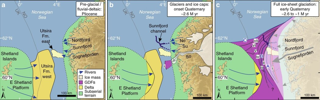 Bildet til venstre viser den oppsiktsvekkende rette kysten av Norge før istidene begynner, helt annerledes enn hva kysten vår er i dag. Fra det store Shetland-landet har elver ført mengder av sedimenter ut i havet. Du ser også elvedeltaet på havbunnen utenfor Sognefjorden. Bildet i midten viser begynnelsen på istidene og den aller første isen som kommer ut av Sognefjorden. Litt lenger nord dannes Sunnfjordkanalen av store mengder smeltevann. På bildet til høyre er istiden i full gang. Iskappen (lilla) strekker seg helt fram til Shetland-landet. Fortsatt er det Sognefjorden som bringer mest is ut i havet. Bildet til venstre viser den oppsiktsvekkende rette kysten av Norge før istidene begynner, helt annerledes enn hva kysten vår er i dag. Fra det store Shetland-landet har elver ført mengder av sedimenter ut i havet. Du ser også elvedeltaet på havbunnen utenfor Sognefjorden. Bildet i midten viser begynnelsen på istidene og den aller første isen som kommer ut av Sognefjorden. Litt lenger nord dannes Sunnfjordkanalen av store mengder smeltevann. På bildet til høyre er istiden i full gang. Iskappen (lilla) strekker seg helt fram til Shetland-landet. Fortsatt er det Sognefjorden som bringer mest is ut i havet.