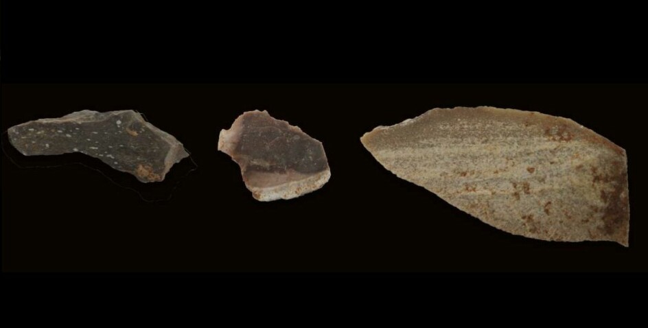 Bilde av de tre typer bearbeidet stein som forskerne så på. Lengst til høyre ser vi et knivblad.