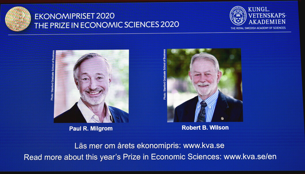 Sveriges Riksbank pris i økonomisk vitenskap til minne om Alfred Nobel for 2020 går til Paul R. Milgrom, venstre, og Robert B. Wilson for Sveriges Riksbank pris i økonomisk vitenskap til minne om Alfred Nobel for 2020 går til Paul R. Milgrom, venstre, og Robert B. Wilson for