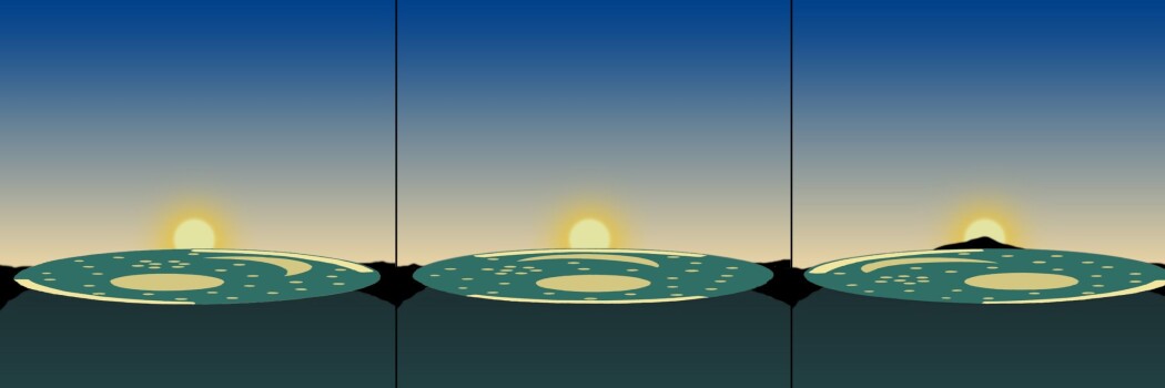 Slik kan Nebra-skivens kantbuer ha fungert: til venstre er solen ved vintersolverv, i midten ved vår-/høstjevndøgn, og til høyre ved sommersolverv. Slik kan Nebra-skivens kantbuer ha fungert: til venstre er solen ved vintersolverv, i midten ved vår-/høstjevndøgn, og til høyre ved sommersolverv.