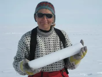Forsker Elisabeth Isaksson med iskjerne fra Svalbard. (Foto: Norsk Polarinstitutt)