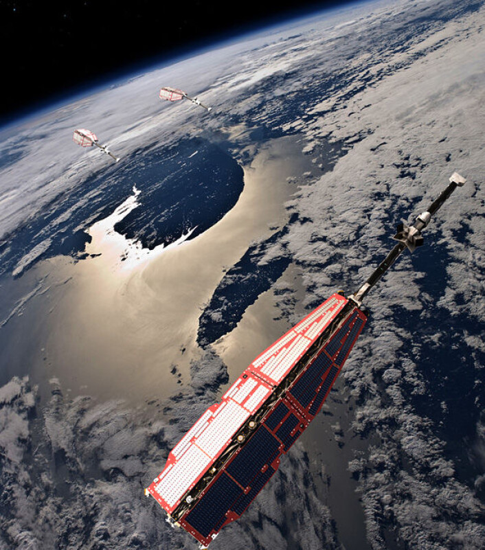 De tre satellittene som utgjør ESAs Swarm-prosjekt skal kartlegge Jordas magnetfelt fra ulike høyder og posisjoner. (Foto: (Illustrasjon: ESA/AOES Medialab)) De tre satellittene som utgjør ESAs Swarm-prosjekt skal kartlegge Jordas magnetfelt fra ulike høyder og posisjoner. (Foto: (Illustrasjon: ESA/AOES Medialab))